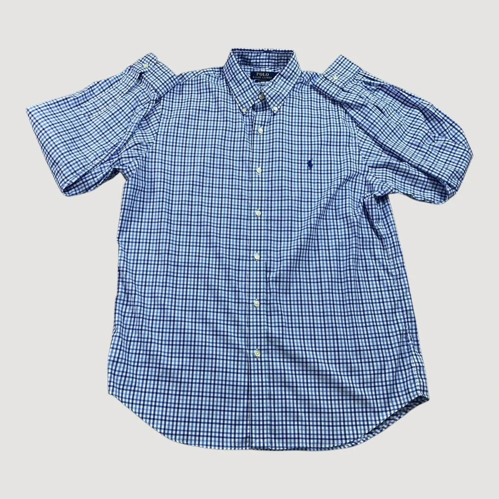 Polo Ralph Lauren Shirt Mens L Blue Gingham Classic Fit Performance Stretch